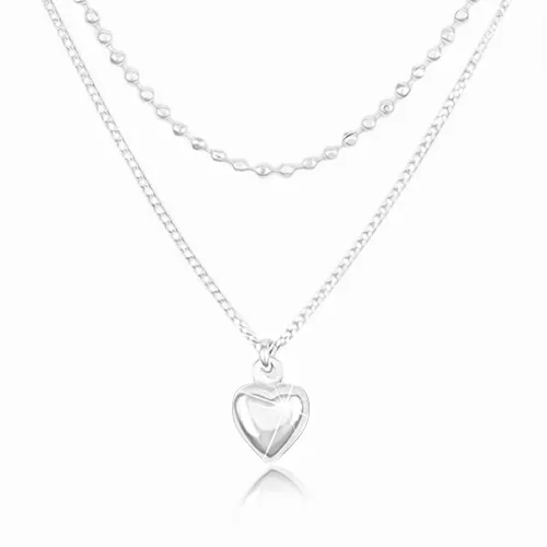 Strieborný 925 náhrdelník, dvojitá retiazka, vypuklé srdiečko a drobné guľôčky