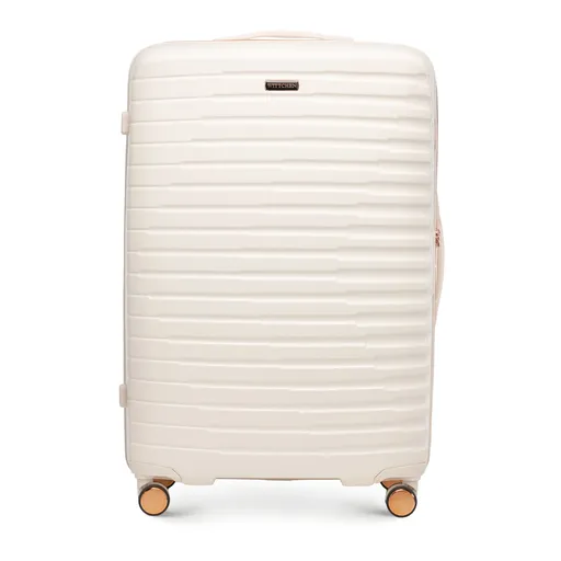 Veľký polykarbonátový kufor s krémovým a zlatým horizontálnym rebrovaním 56-3P-613-88G