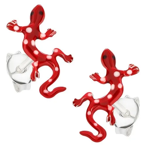 Puzetové náušnice, striebro 925, bodkovaná červeno-biela jašterička