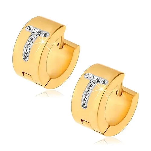 Okrúhle náušnice z chirurgickej ocele zlatej farby, písmeno T s čírymi zirkónmi