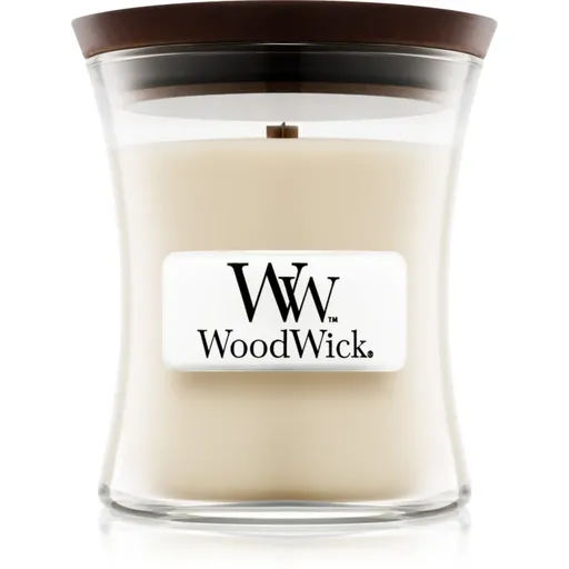 Woodwick Linen vonná sviečka s dreveným knotom 85 g
