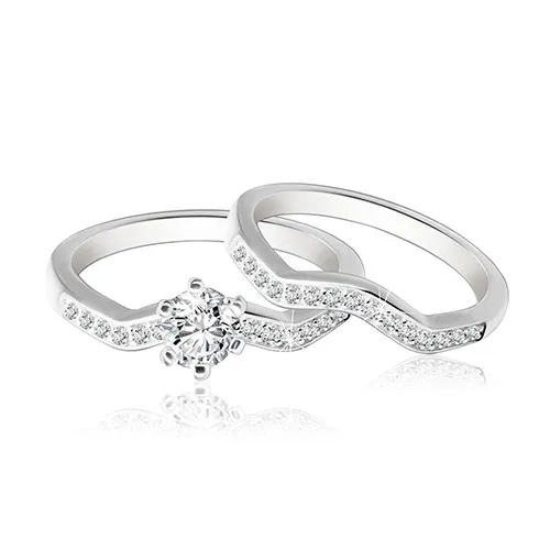 Dvojset striebornej obrúčky a prsteňa 925 - zvlnená zirkónová línia, ligotavý okrúhly zirkón  - Veľkosť: 51 mm