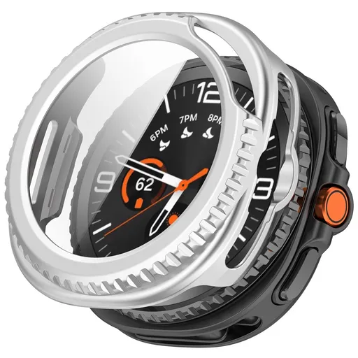 PC FULL COVER Plastový kryt so sklom pre Samsung Galaxy Watch8 Classic 46mm strieborný