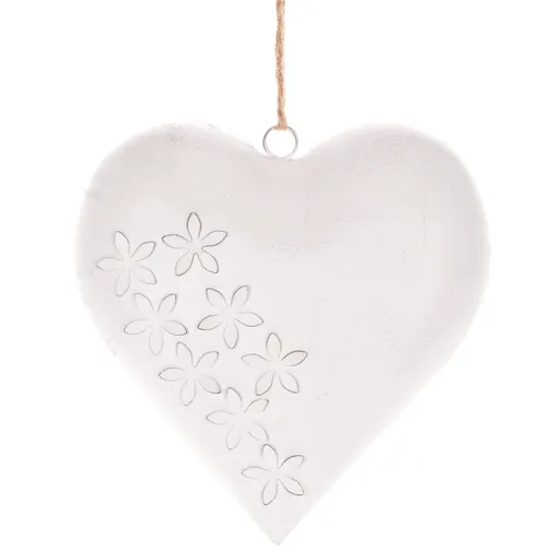 Kovové závesné srdce 20 x 20 x 4 cm, farba antik biela
