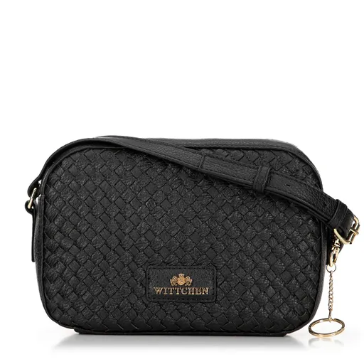 Dámska kožená kabelka s pleteným detailom vpredu čierna 99-4E-028-1