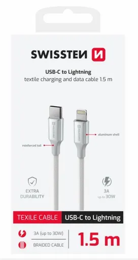 SWISSTEN DÁTOVÝ KÁBEL TEXTILE II USB-C / LIGHTNING 1,5 M BIELÝ
