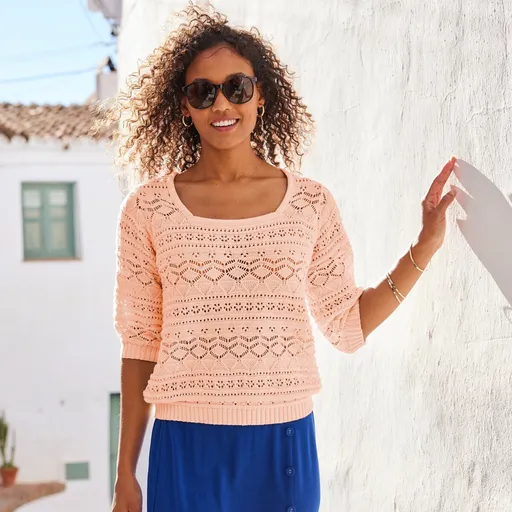 Ažúrový jednofarebný pulóver s rukávmi po lakte