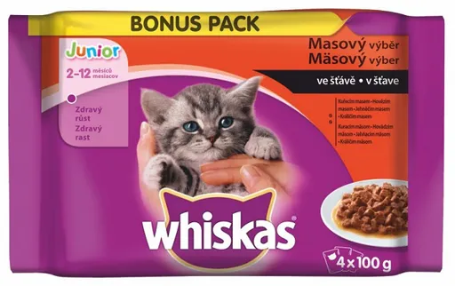 WHISKAS kapsičky pre mačky Junior mäsový výber (kura,hovädzie,jahňa,králik) v šťave 4x85g