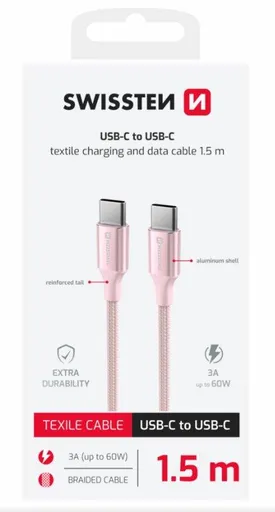 SWISSTEN DÁTOVÝ KÁBEL TEXTILE II USB-C / USB-C 1,5 M RUŽOVÝ