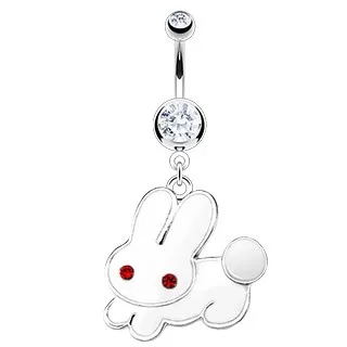 Piercing do brucha - biely zajac, červené zirkónové oči