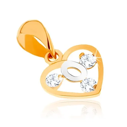 Dvojfarebný prívesok v 9K zlate - obrys srdca, slučka z bieleho zlata, zirkóny