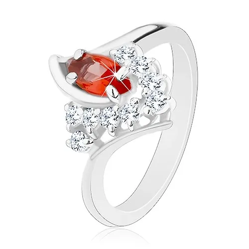 Prsteň so zahnutými ramenami, oranžové zrnko, číre zirkóniky - Veľkosť: 49 mm