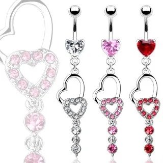 Piercing pupka dve srdcia a dva visiace zirkóny - Farba zirkónu: Červená - R