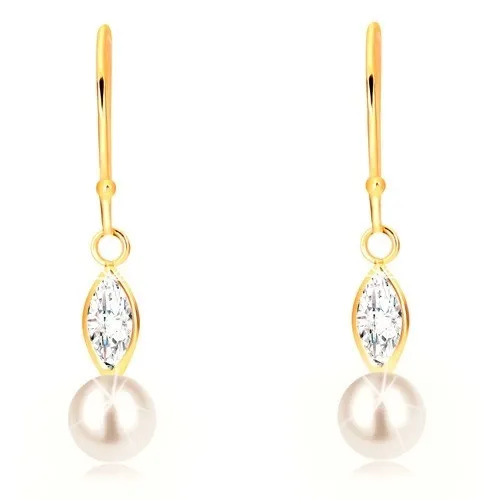 Visiace náušnice z 9K žltého zlata - trblietavý zrniečkový zirkón, biela perla