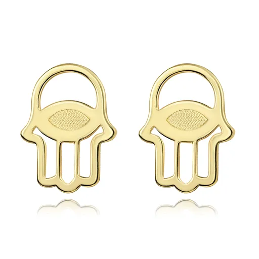 Zlaté náušnice 14K s motívom ruky Fatimy