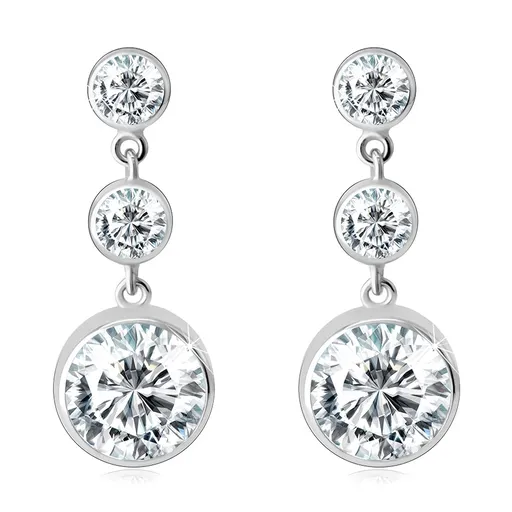 Náušnice z bieleho 585 zlata - tri okrúhle objímky, trblietavé číre zirkóny, puzety