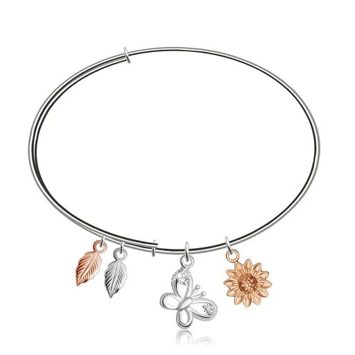 Kruhový strieborný náramok 925 na ruku - margarétka, motýlik so zirkónikmi a dva listy