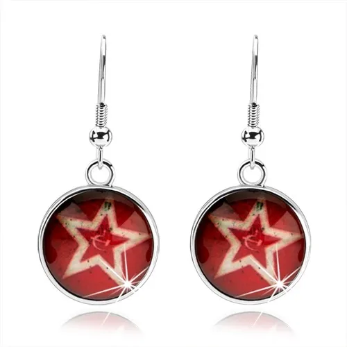 Cabochon náušnice, obrys päťcípej hviezdy, červený podklad, kosák a kladivo