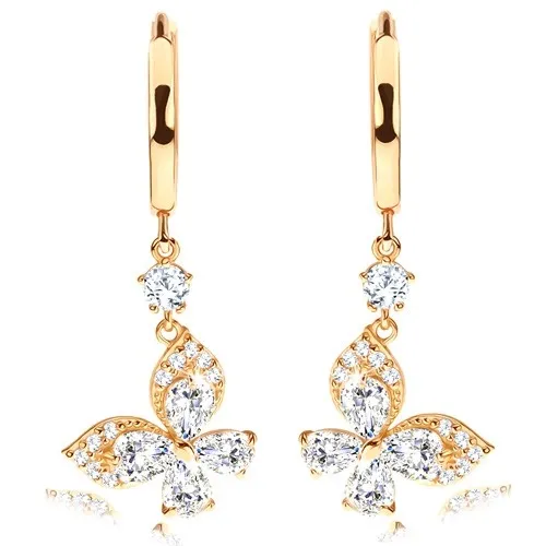 Náušnice zo žltého 14K zlata - lesklý krúžok, číry zirkónový motýlik