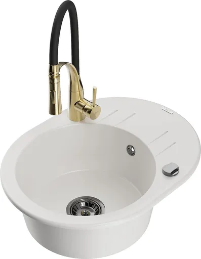 MEXEN/S MEXEN/S - Kevin granitový drez s odkvapkávačom vrátane batérie Aster, biela 6517-20-73450-57-B