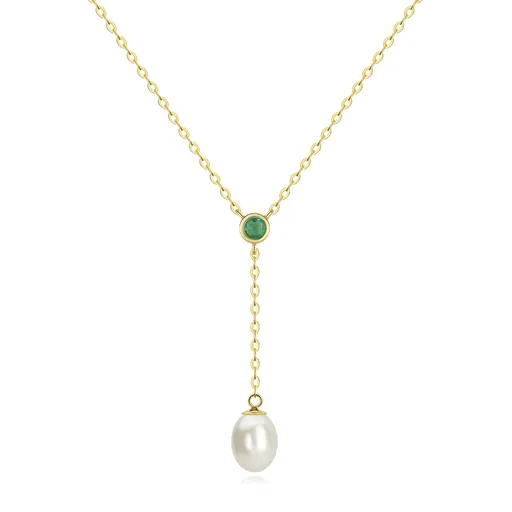 Zlatý Y náhrdelník 9K so smaragdom a kultivovanou perlou