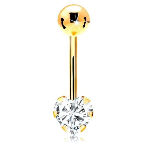 Zlatý 585 piercing do pupka - trblietavé srdiečko z číreho zirkónu