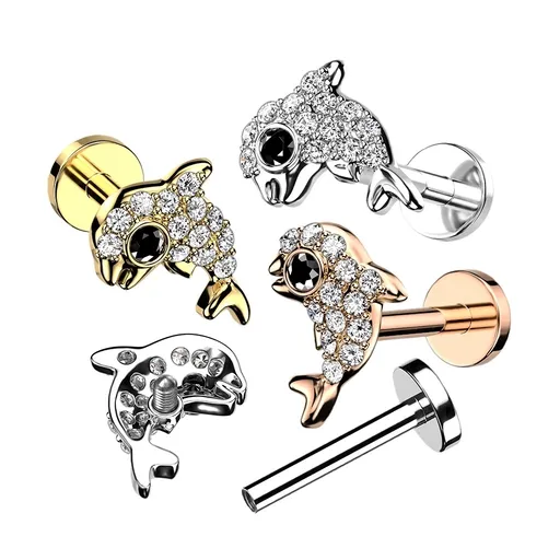 Oceľový labret - delfín s čiernym okom, číre zirkóny, vnútorný závit, 8 mm - Farba: Medená