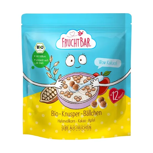 FRUCHTBAR Cereálie kakaové guličky s hroznom, jablkom a ovsom BIO 125 g
