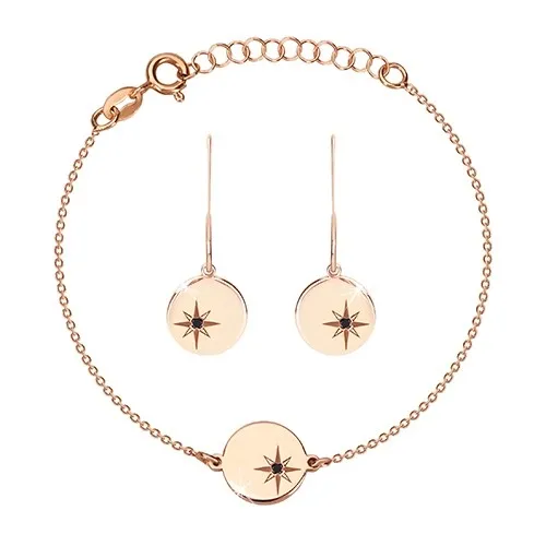 Strieborná 925 sada, ružovozlatý odtieň - náramok a náušnice, kruh s Polárkou, čierny diamant