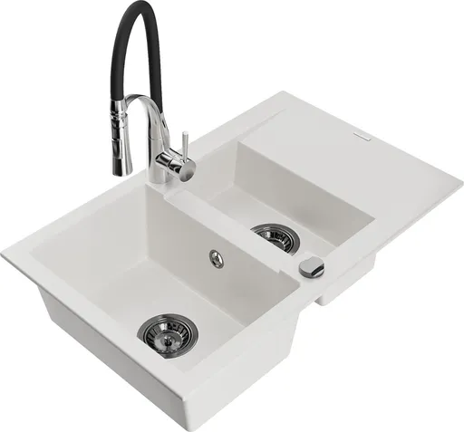 MEXEN/S MEXEN/S - Gaspar granitový drez 1.5 s odkvapkávačom vrátane batérie Aster, biela 6507-20-73450-07-B