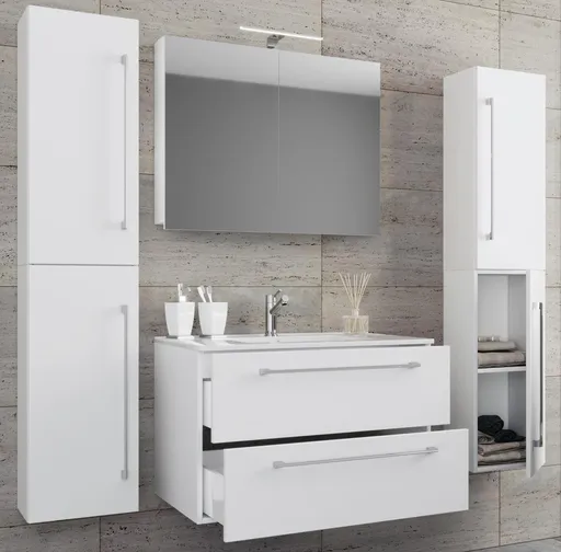 VCM 5dílná umyvadlová skříňka Badinos 2 zásuvky 60 cm se zrcadlem a 2 vysokými skříňkami, bílá