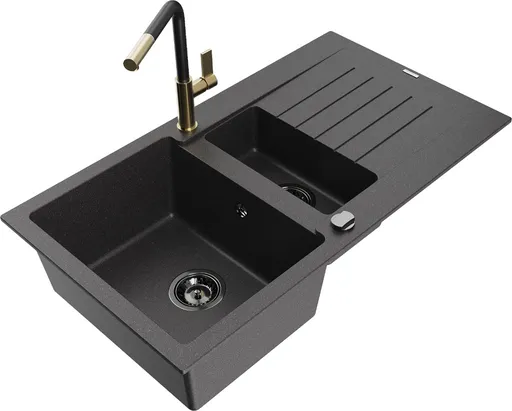 MEXEN/S MEXEN/S - Matias granitový drez 1.5 s odkvapkávačom vrátane batérie Flora, čierna kropenatá 6502-76-670401-57-B