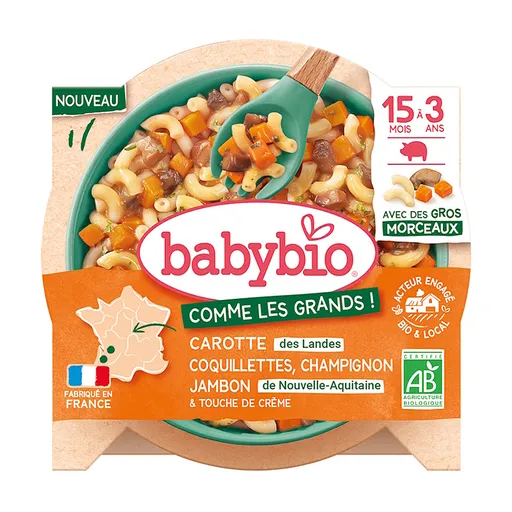 BABYBIO Cestoviny coquillettes s mrkvou, šampiňónmi, šunkou 200 g