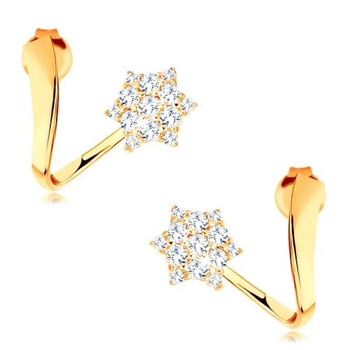 Náušnice zo žltého 14K zlata - zvlnená stuha s trblietavou hviezdičkou