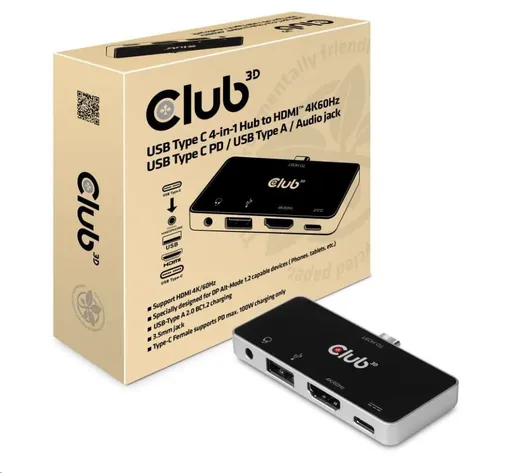 Club3D Dokovacia stanica pre mobilné telefóny USB-C 4v1, 1xHDMI, 1xUSB-C, 1xUSB, 1x3.5mm, čierna