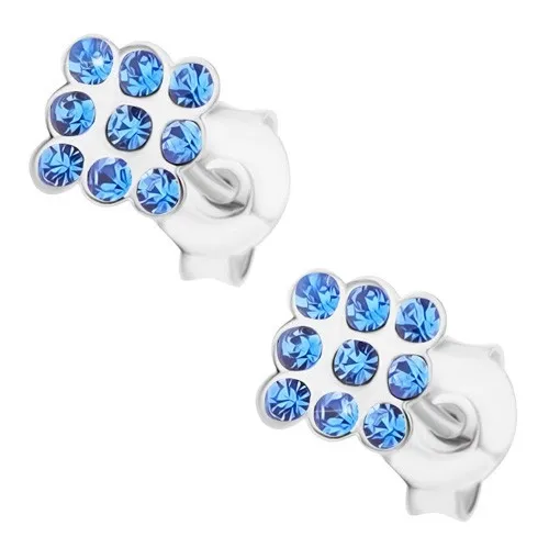 Puzetové náušnice, striebro 925, svetlomodré okrúhle krištáliky Swarovski - štvorec