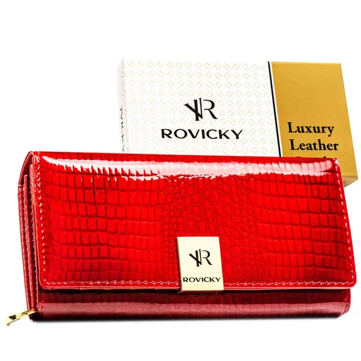 Veľká dámska lakovaná kožená peňaženka v červenej farbe so zapínaním na patentku – Rovicky