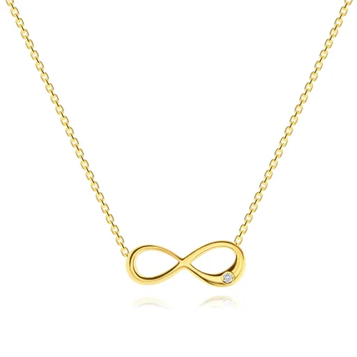Zlatý 14K náhrdelník - plochý symbol nekonečna s čírym briliantom, ligotavá retiazka