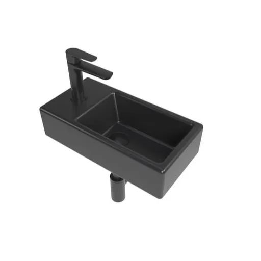 Kúpeľňový set ľavého závesného umývadla Brevis 40,5 cm, pákové batérie, sifónu, prietokové zátky a roháčikov v čiernej farbe KSETBRE2LBKM