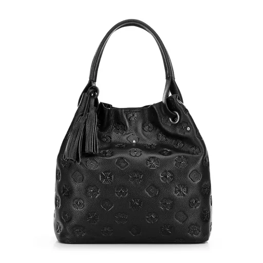 Dámska kabelka typu vak z kože s monogramom čierno-strieborná 100-4E-632-1S