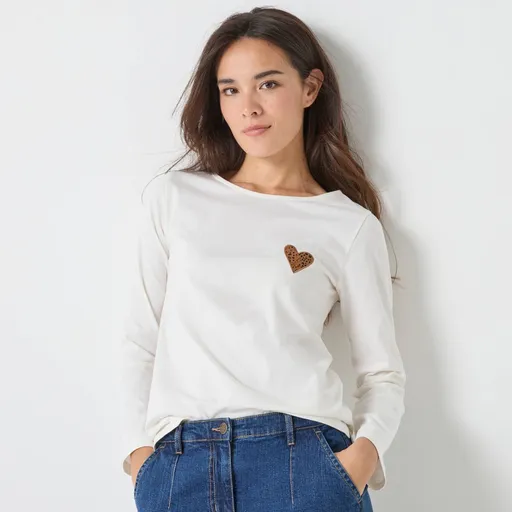 Jednofarebné tričko s dlhými rukávmi a nášivkou srdca