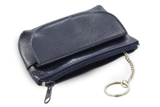 Modrá kožená kľúčenka so zipsovým a poklopovým vreckom 619-0369-97