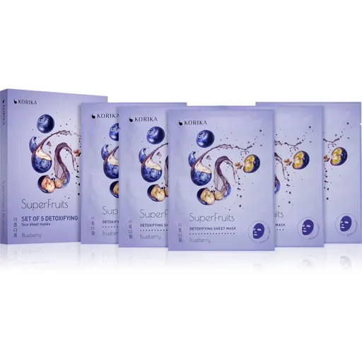 KORIKA SuperFruits Blueberry - Set of 5 Detoxifying Face Sheet Masks set pleťových masiek za zvýhodnenú cenu s detoxikačným účinkom Blueberry