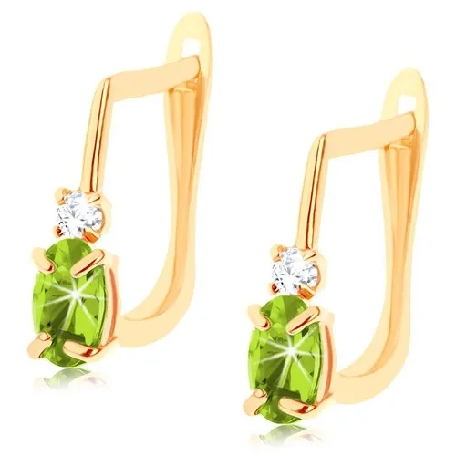 Náušnice v žltom 14K zlate - oválny zelený syntetický olivín, číry zirkónik