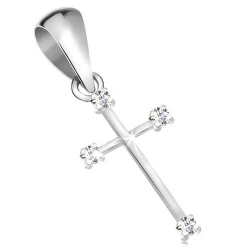 Prívesok z bieleho 14K zlata - krížik s úzkymi ramenami a čírymi diamantmi