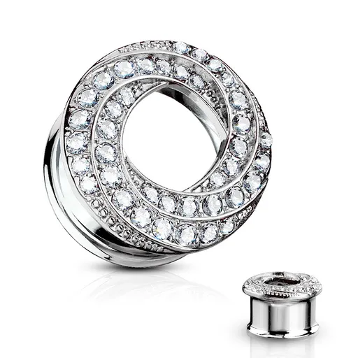 Plug do ucha z ocele striebornej farby - špirálovito stočená línia, číre zirkóniky - Hrúbka: 10 mm