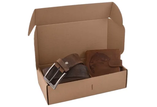 Mercucio rybársky darčekový set kapor - pánska peňaženka a kožený opasok tmavý šitý