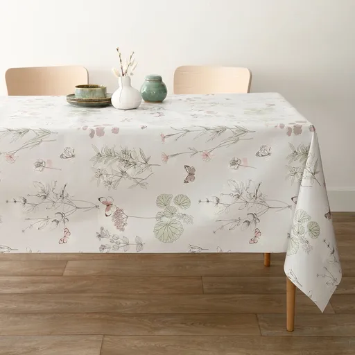 Voskovaný obrus s potlačou rastlín a motýlikov