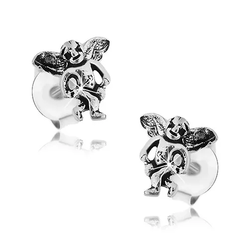 Puzetové náušnice zo striebra 925, malý anjelik zdobený čiernou patinou