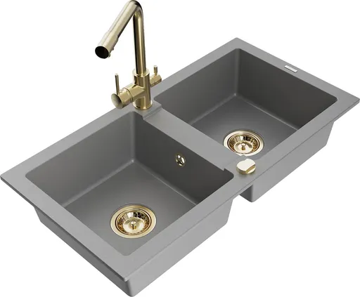 MEXEN/S MEXEN/S - Mario granitový drez 2-bowl vrátane batérie Duero, šedá 6504-71-671600-50